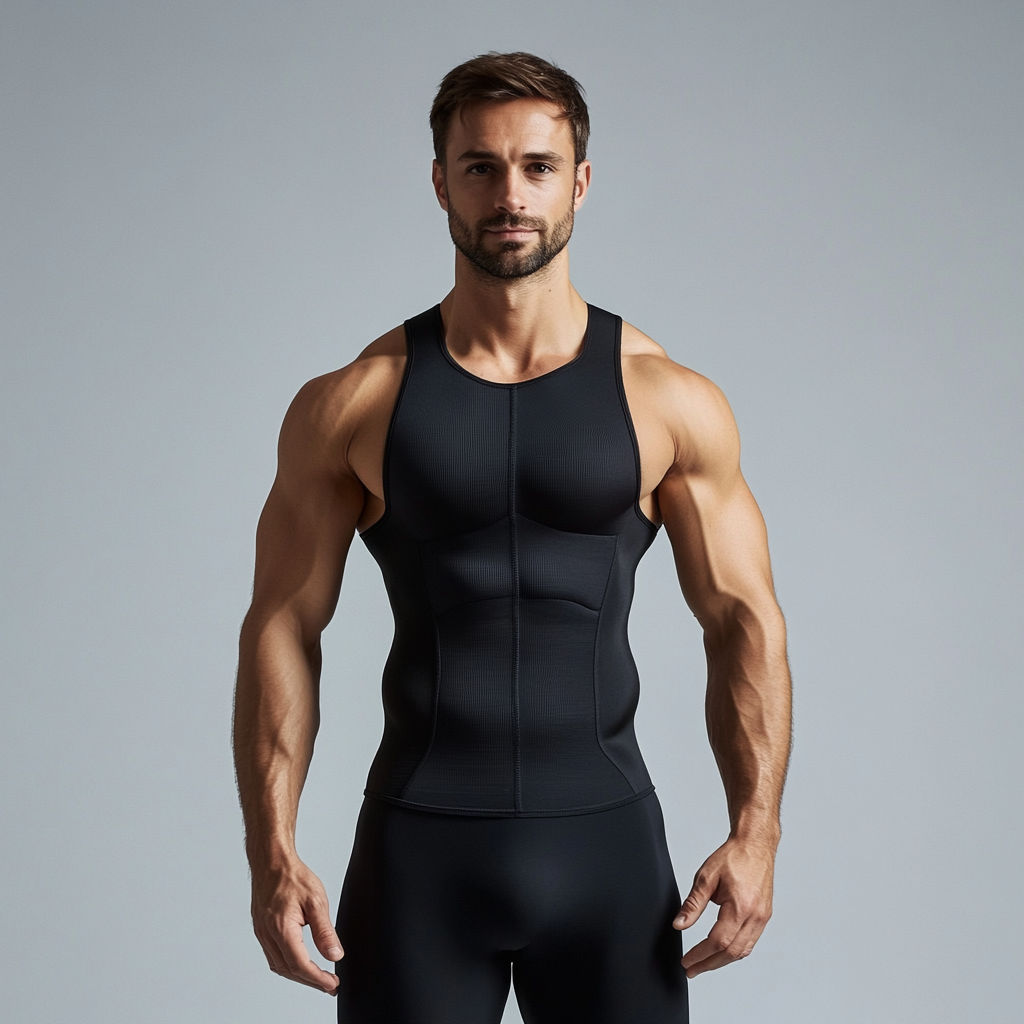 Man with black compression tank top, round body shape.