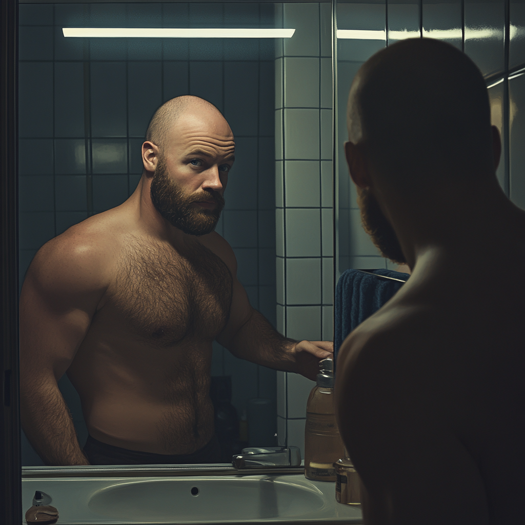 Man with broad shoulders, bald, dark brown beard, blue eyes.