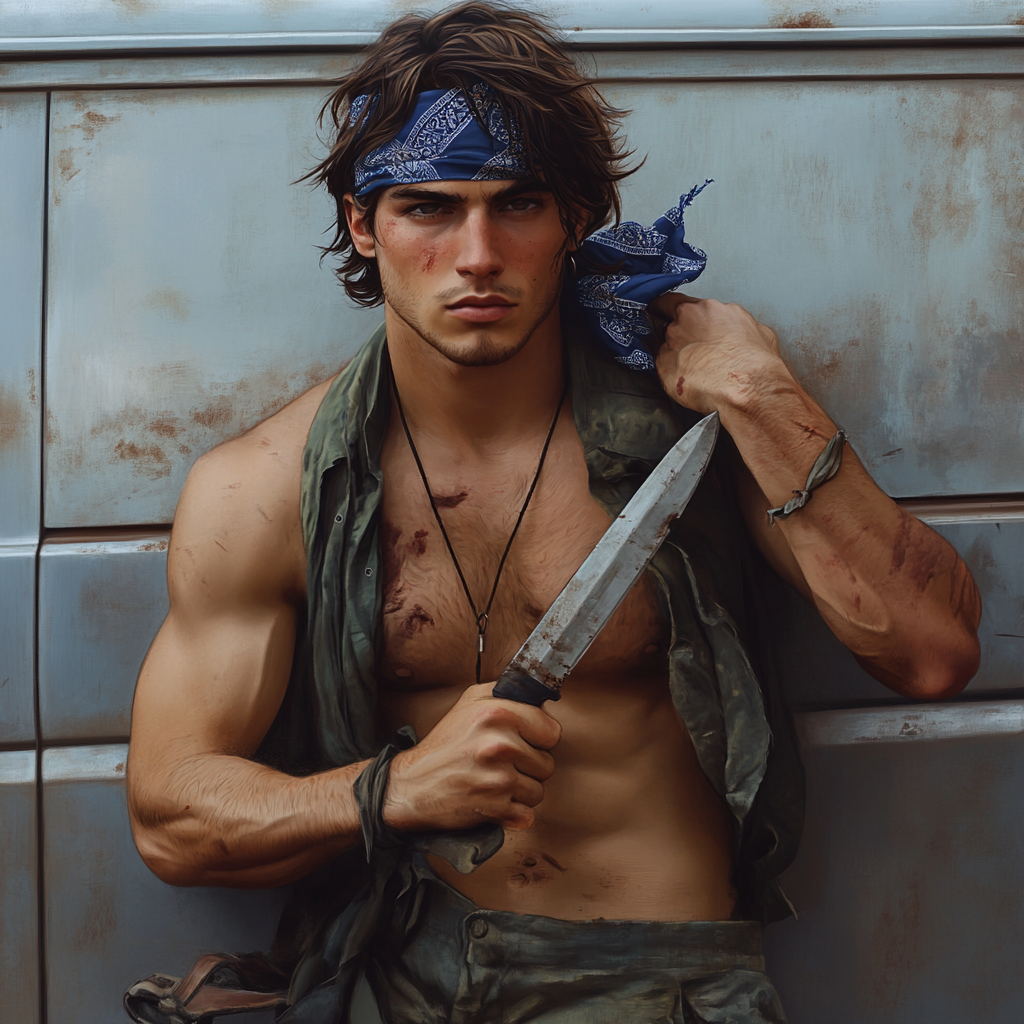 Man with brown hair in resistance fighter outfit with knife.