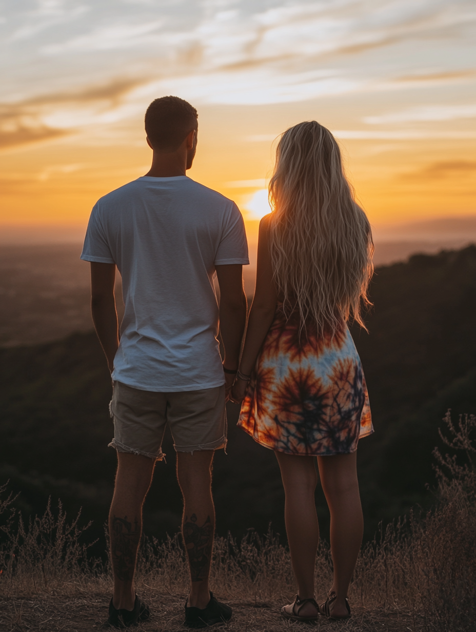 Man with buzz cut and woman in tie-dye.