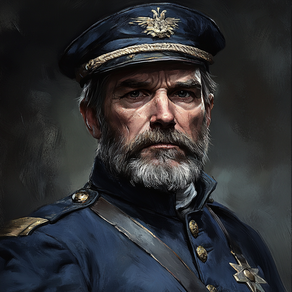 Man with commanding presence in blue military uniform.