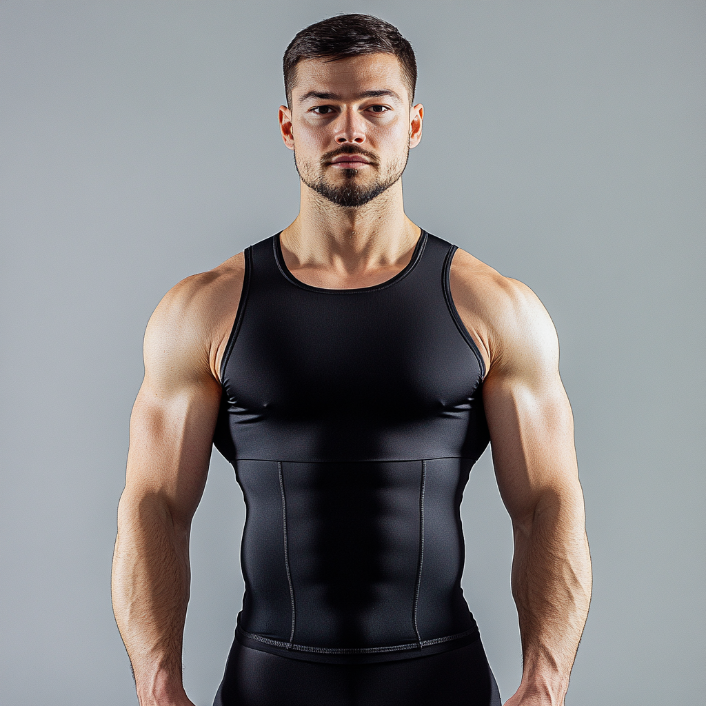 Man with compression tank top, overweight, looking at camera.