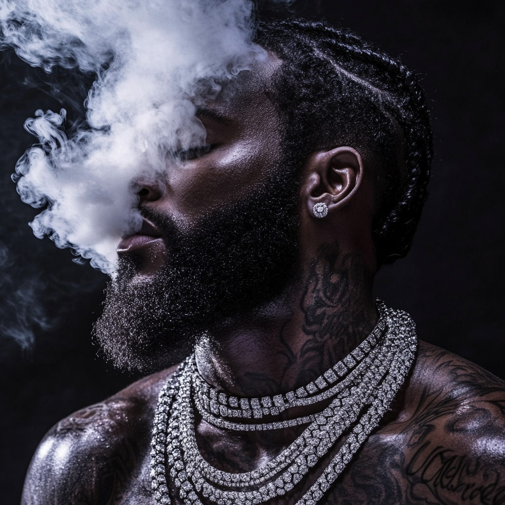 Man with dark skin, beard, smoky breath, diamonds, tattoos.