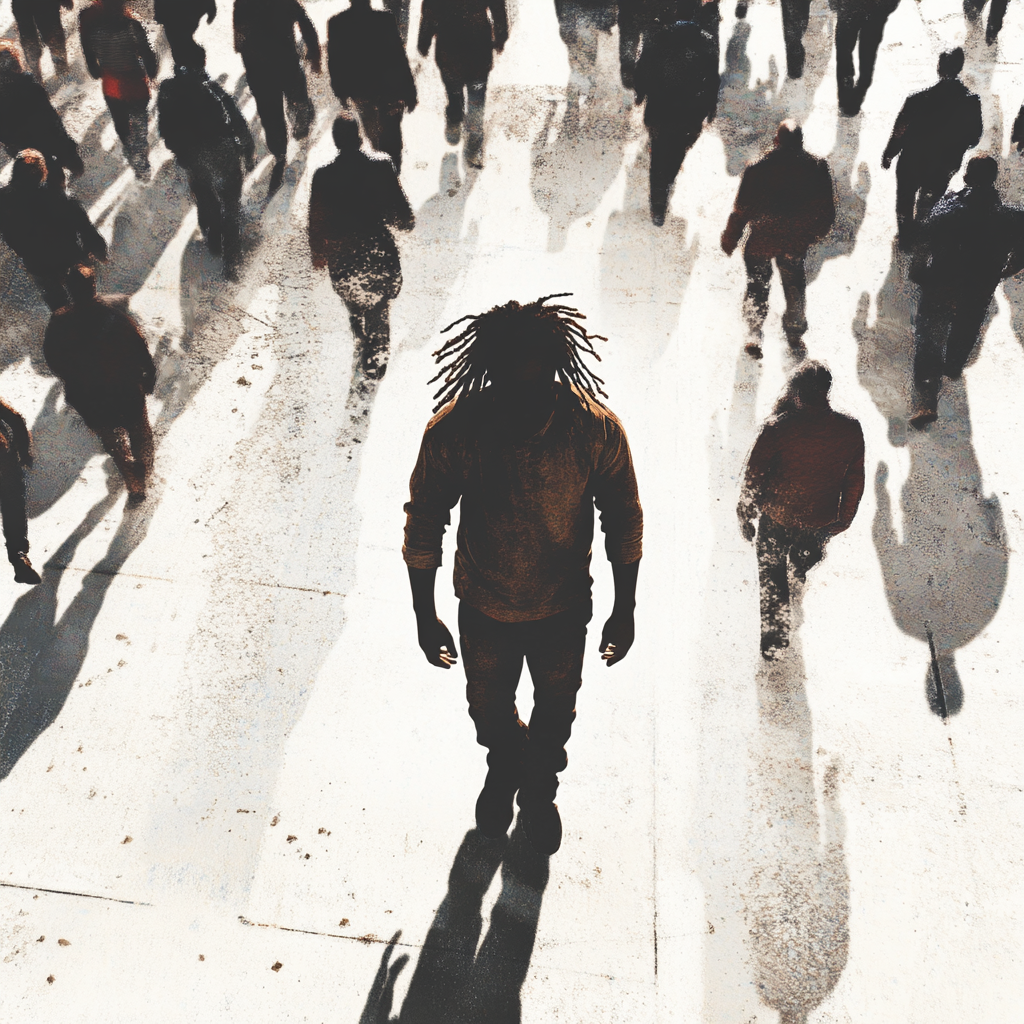 Man with dreadlocks stands alone in divided crowd.