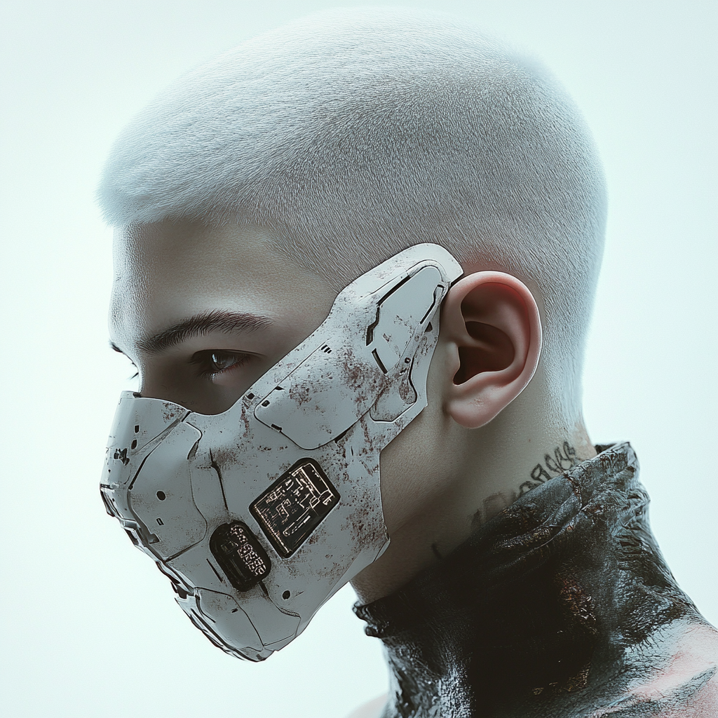 Man with electronic mask, white hair, shaved sides.