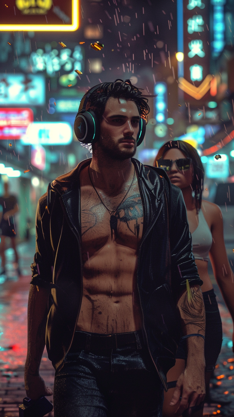 Man with gaming headset distracted by beautiful woman walking.