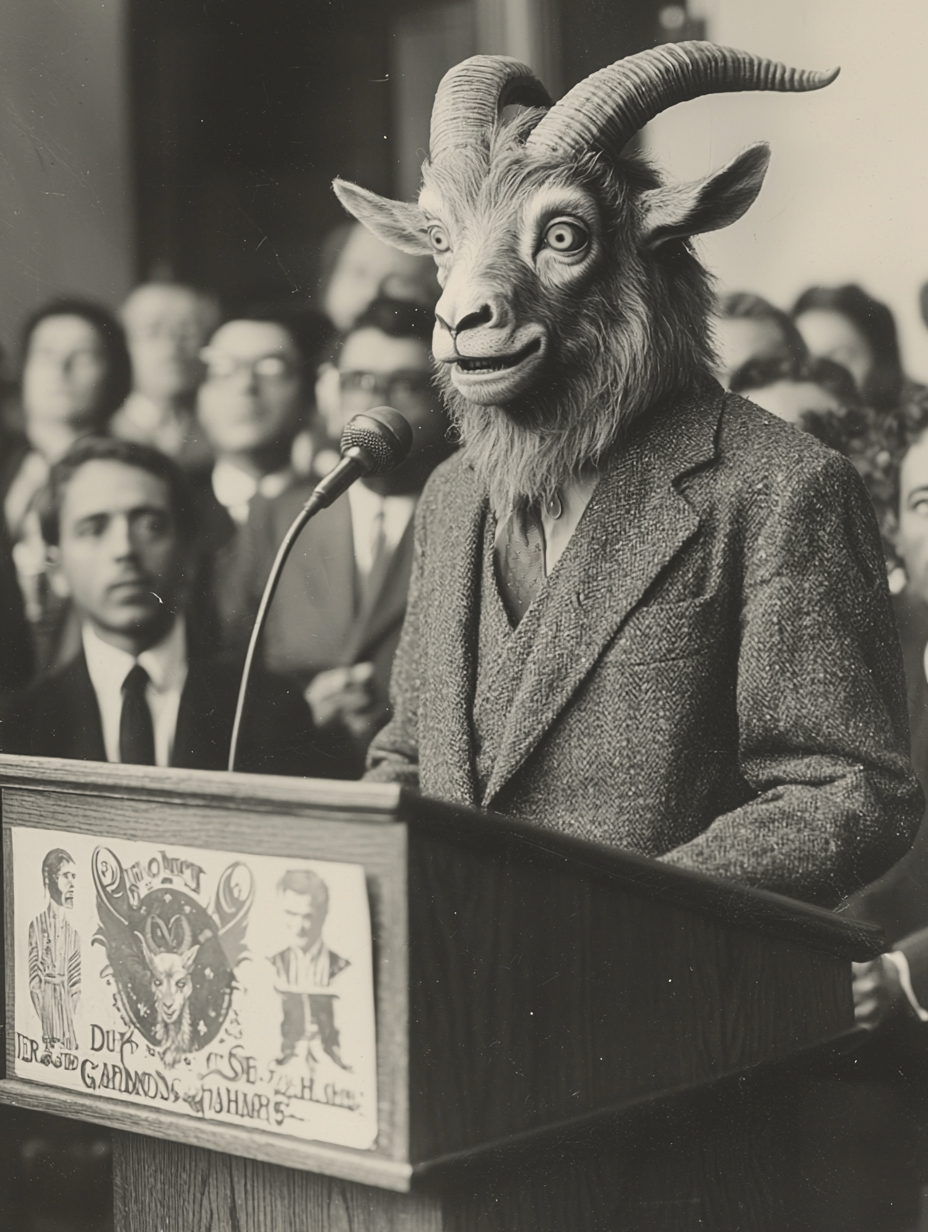 Man with goat face speaks at lectern.