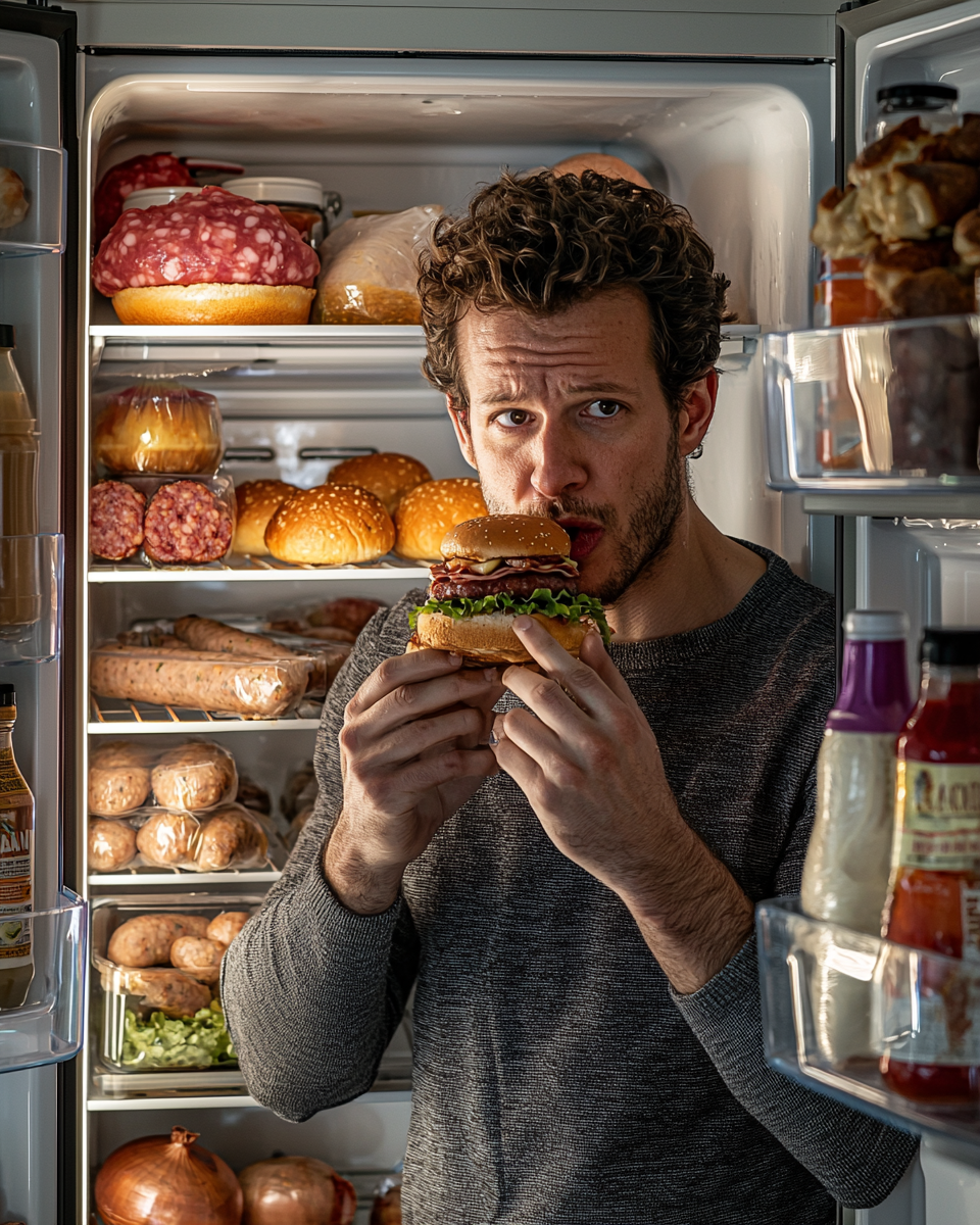 Man with hamburger looks into full fridge.