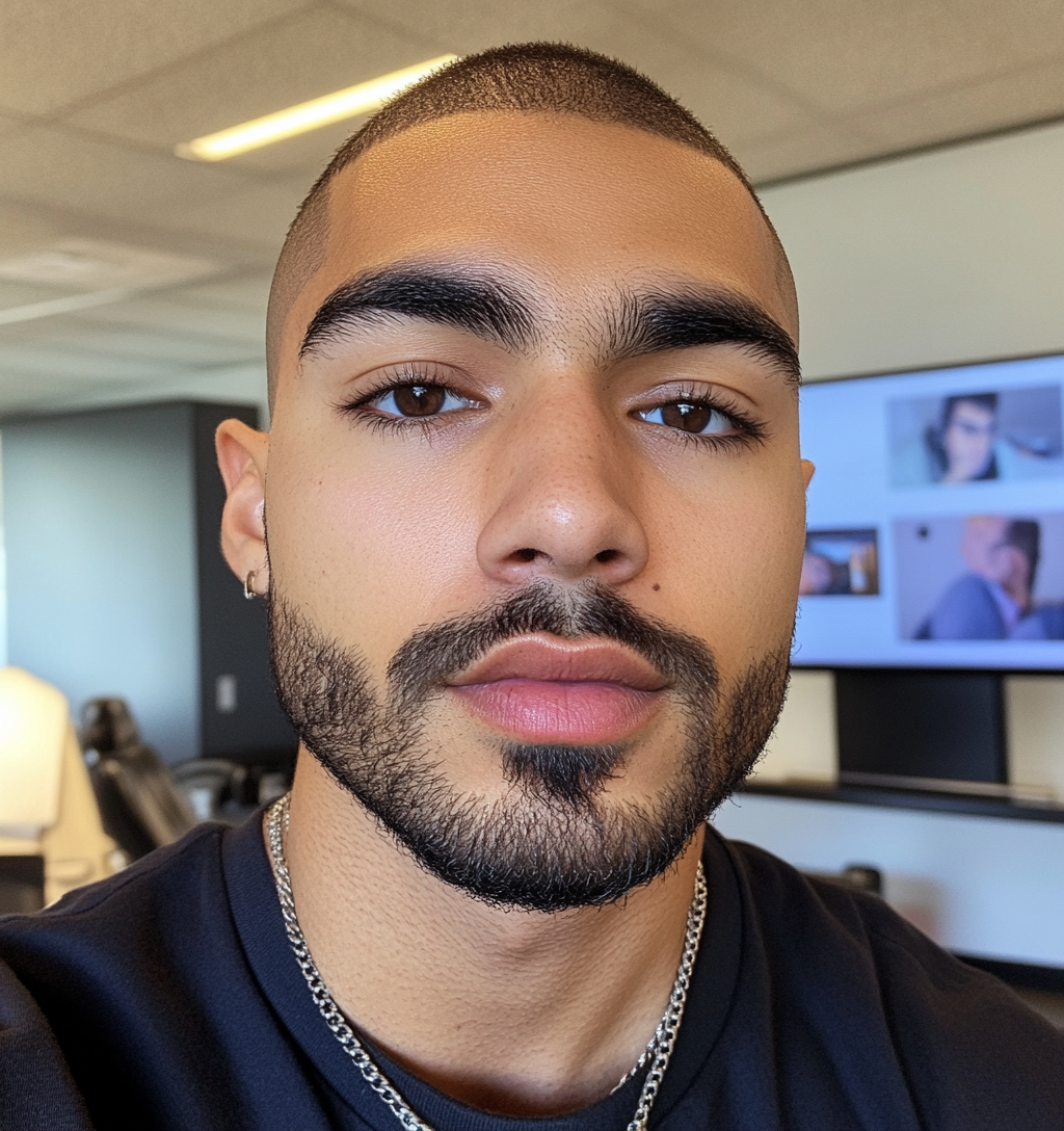 Man with light brown skin takes selfie videochat.