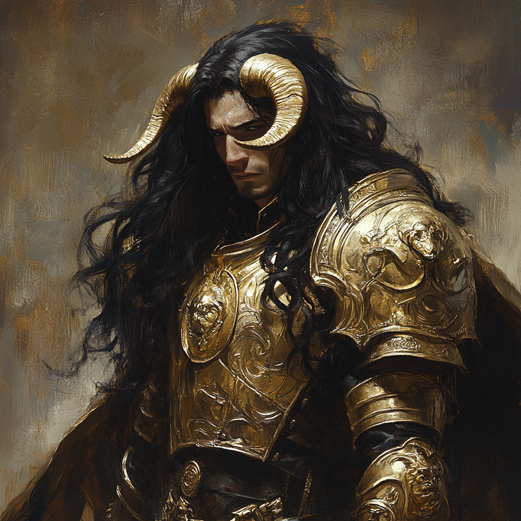 Man with long hair in gold armor, Aries-like.