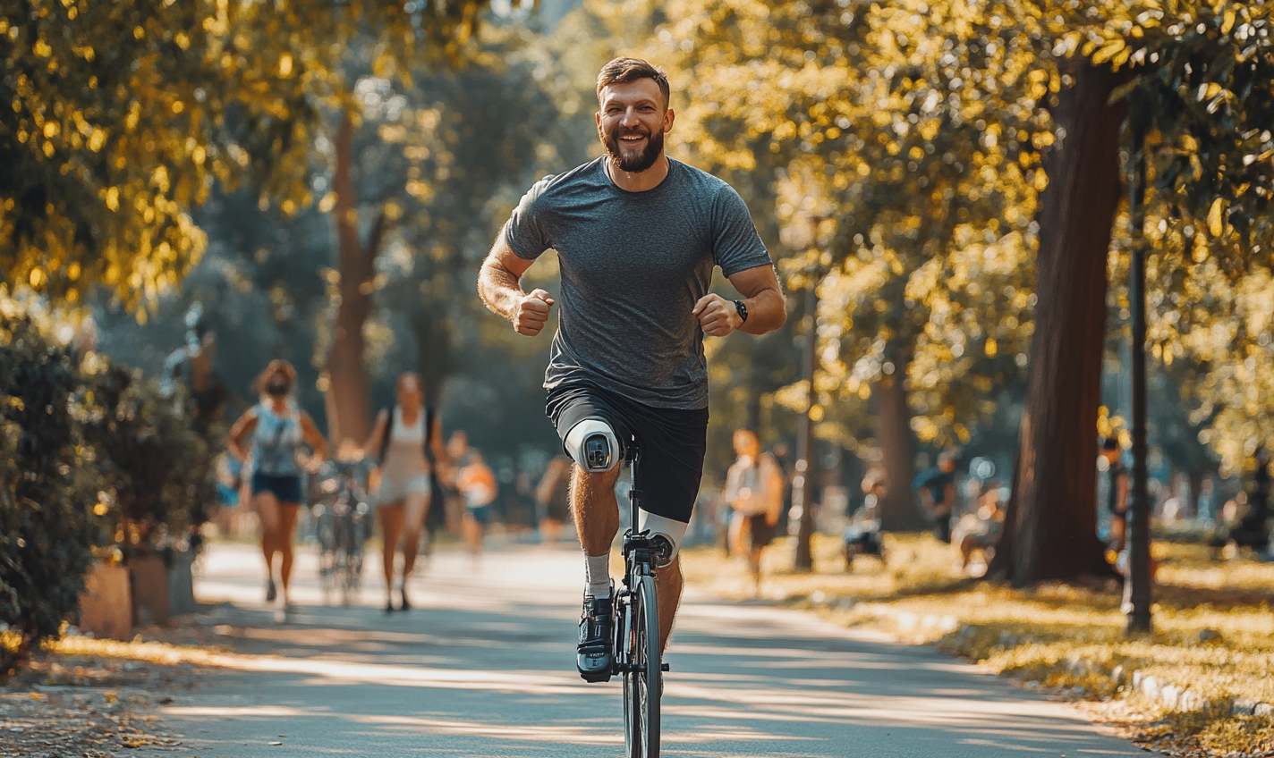 Man with prosthetic leg runs in park happily.