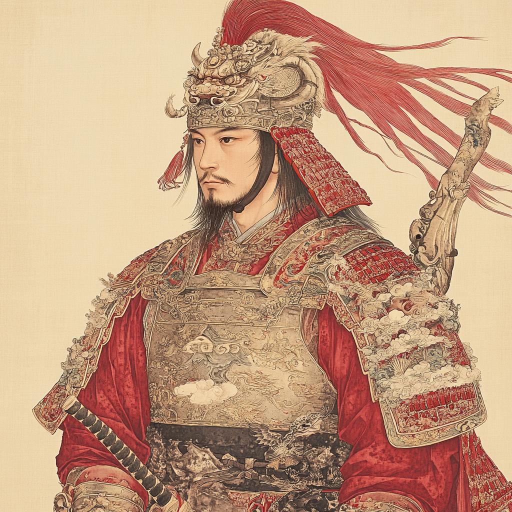 Man with red and gold helmet, armor, robe.