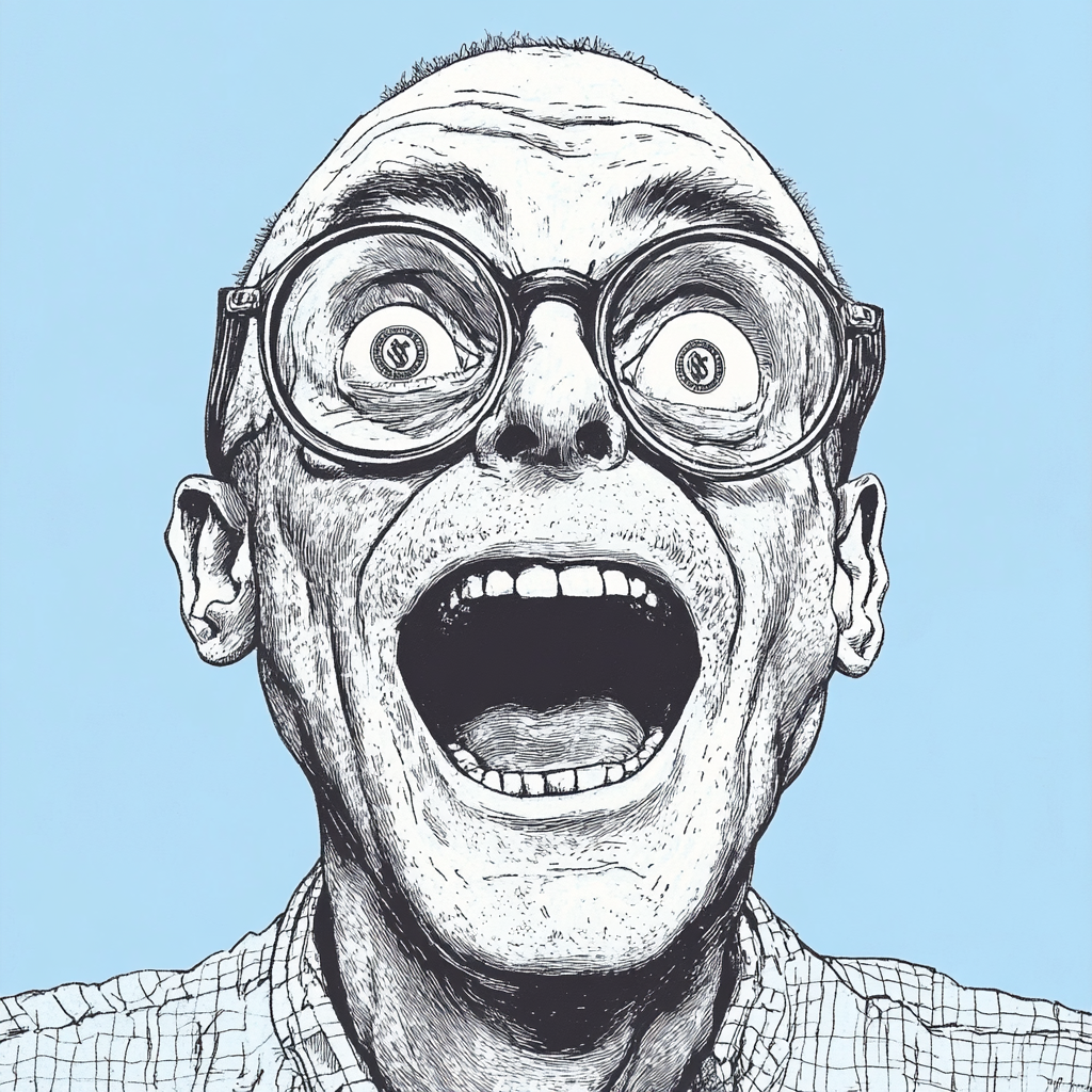 Man with round glasses laughing with dollar eyes.