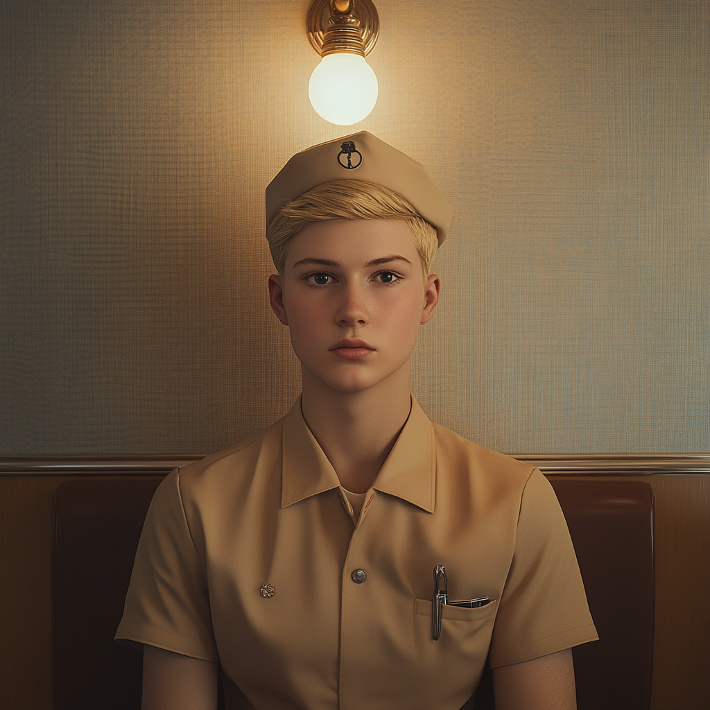 Man with short blond hair in diner uniform.