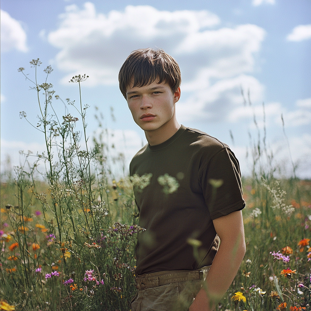 Man with short brown hair in wildflower meadow portrait.