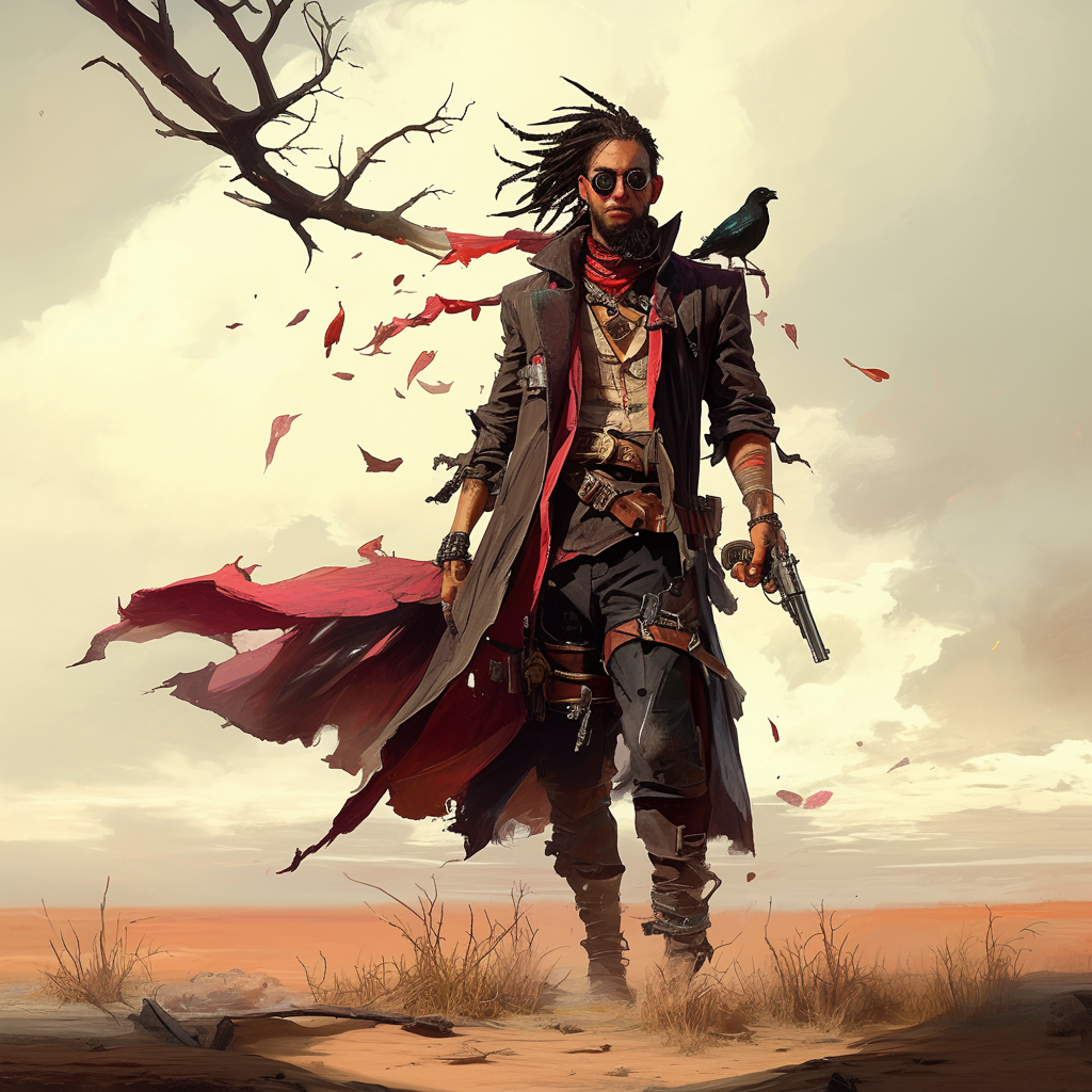 Man with sword and gun, demon crow, desert landscape.