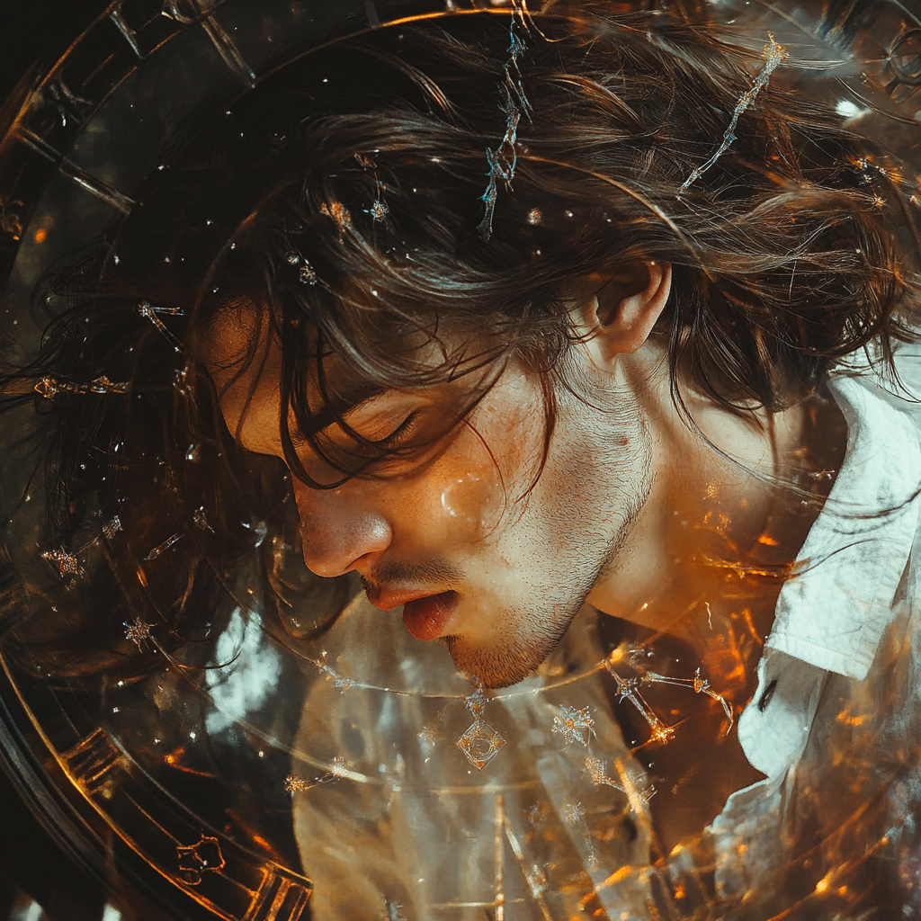 Man with windblown hair surrounded by spinning clock and zodiac fairies.