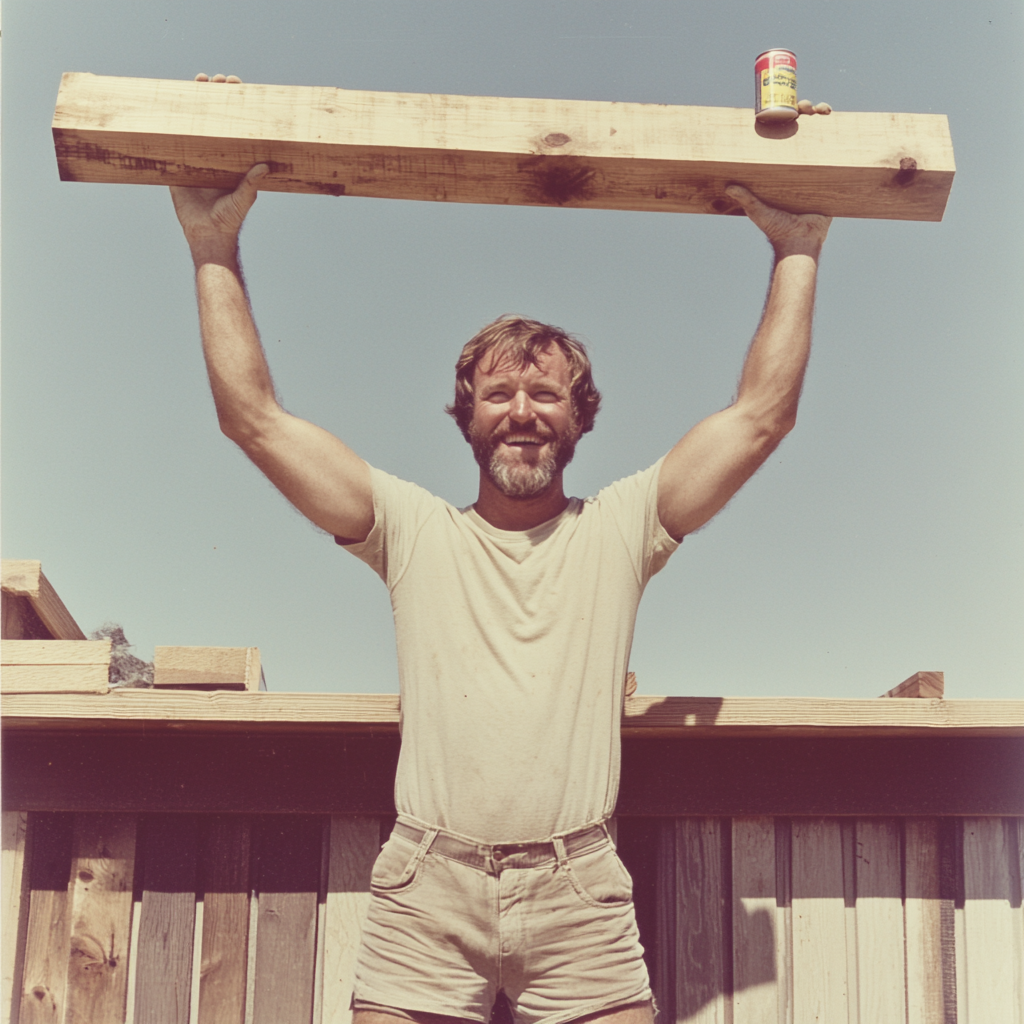 Man working hard on deck construction 1970s summer beer.