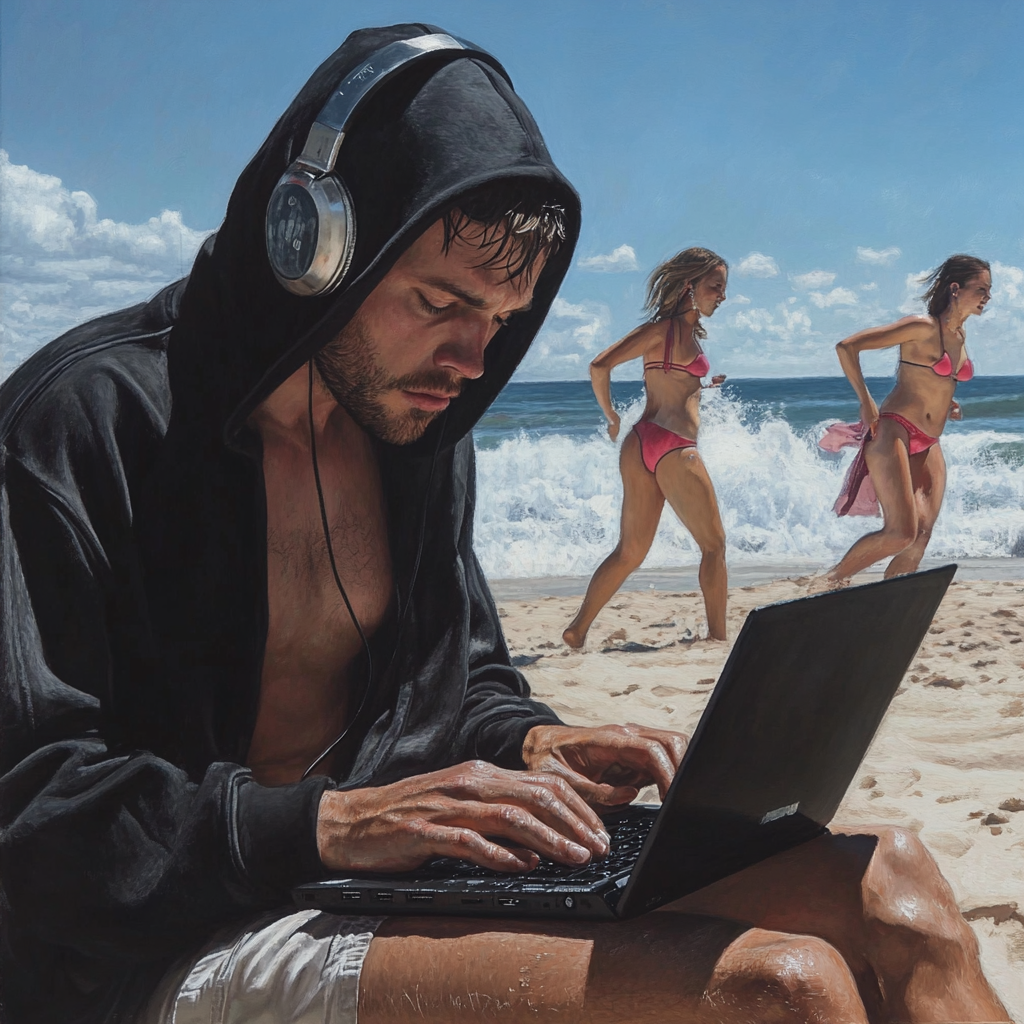 Man working on laptop at beach while women play.