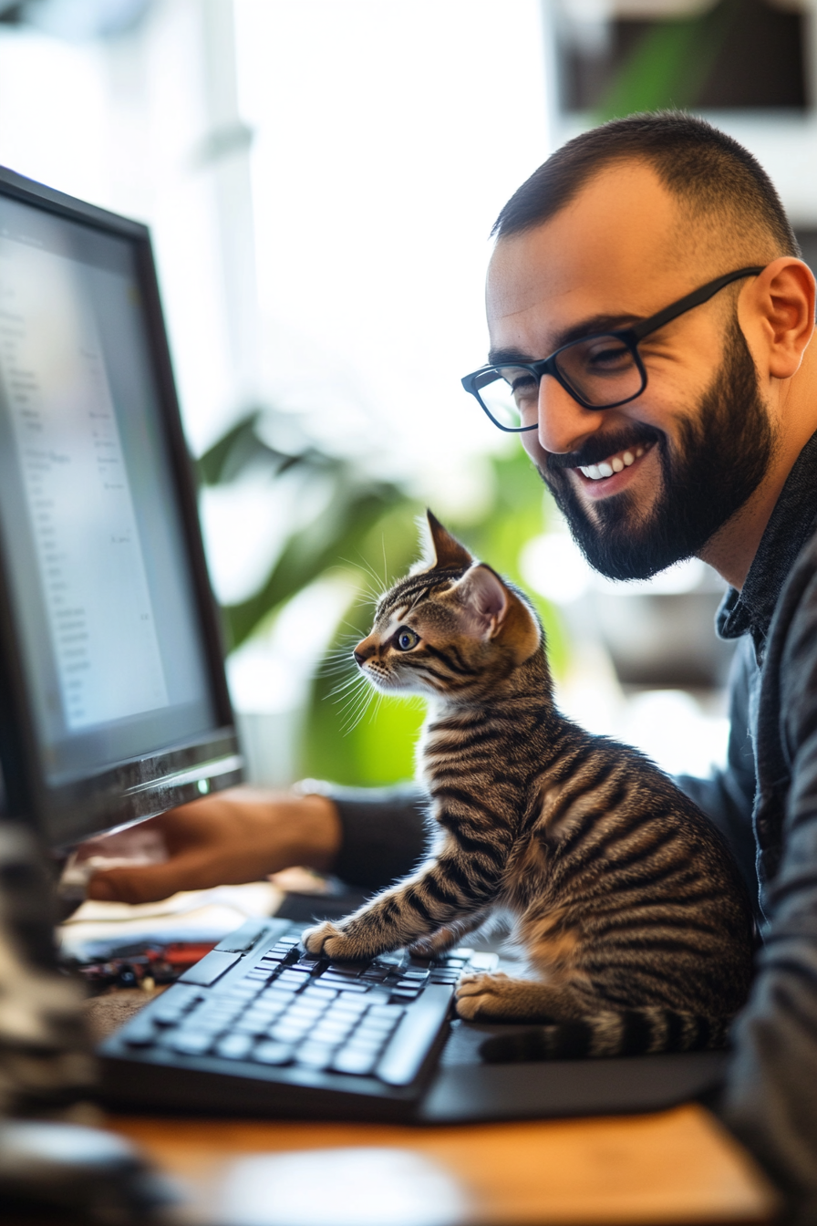 Manager in video meeting with cat trying to join in.