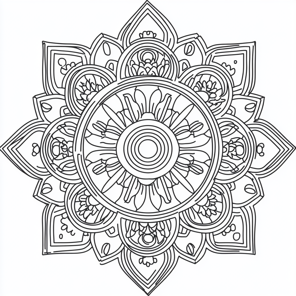 Mandala coloring page for kids with geometric patterns.