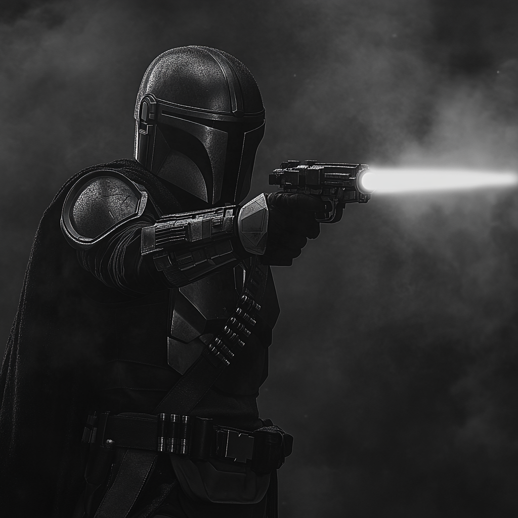 Mandalorian shooting blaster in cinematic black and grey photography. 