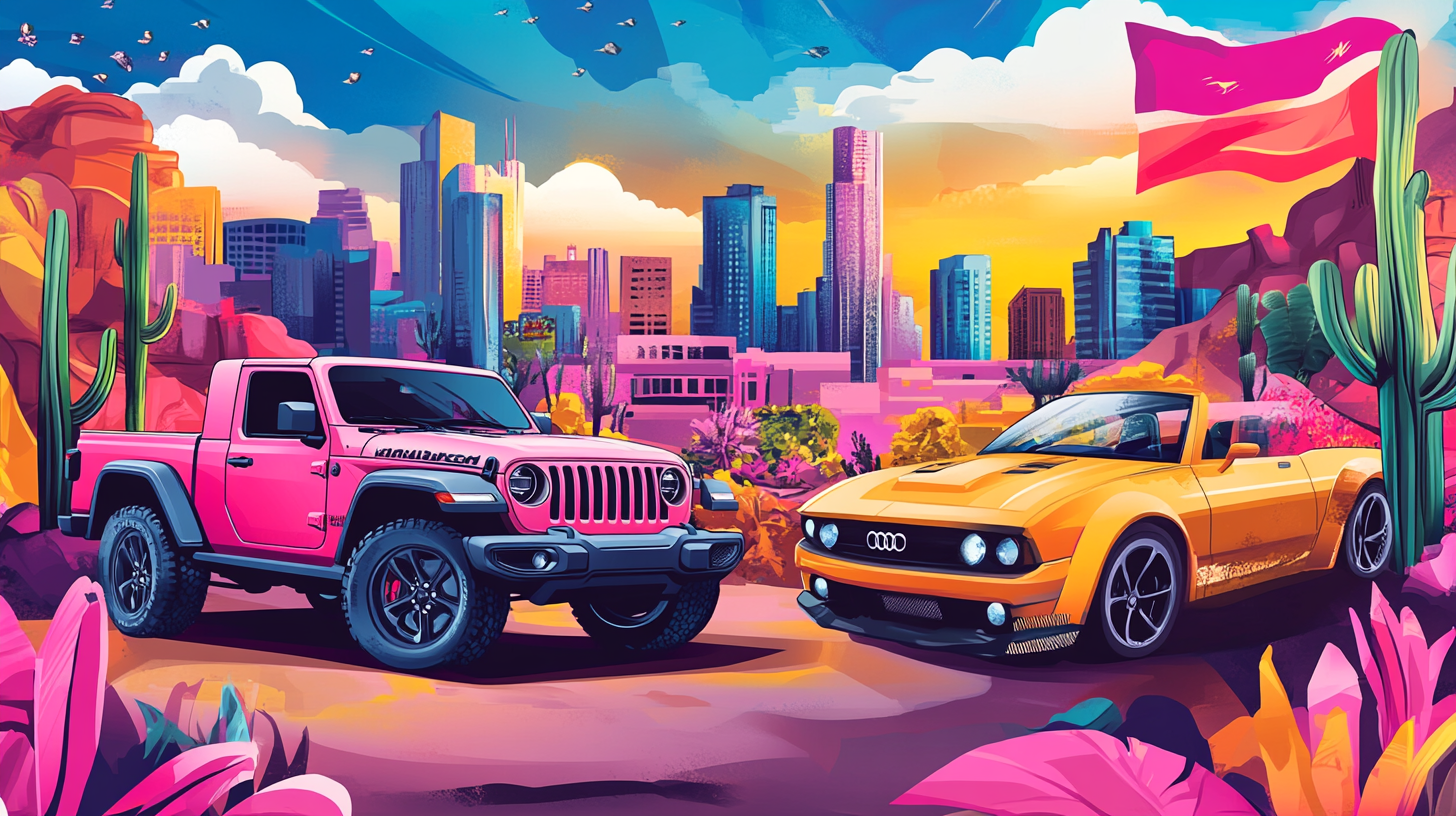 Manga-style cartoon of Jeep and Audi in Arizona desert.