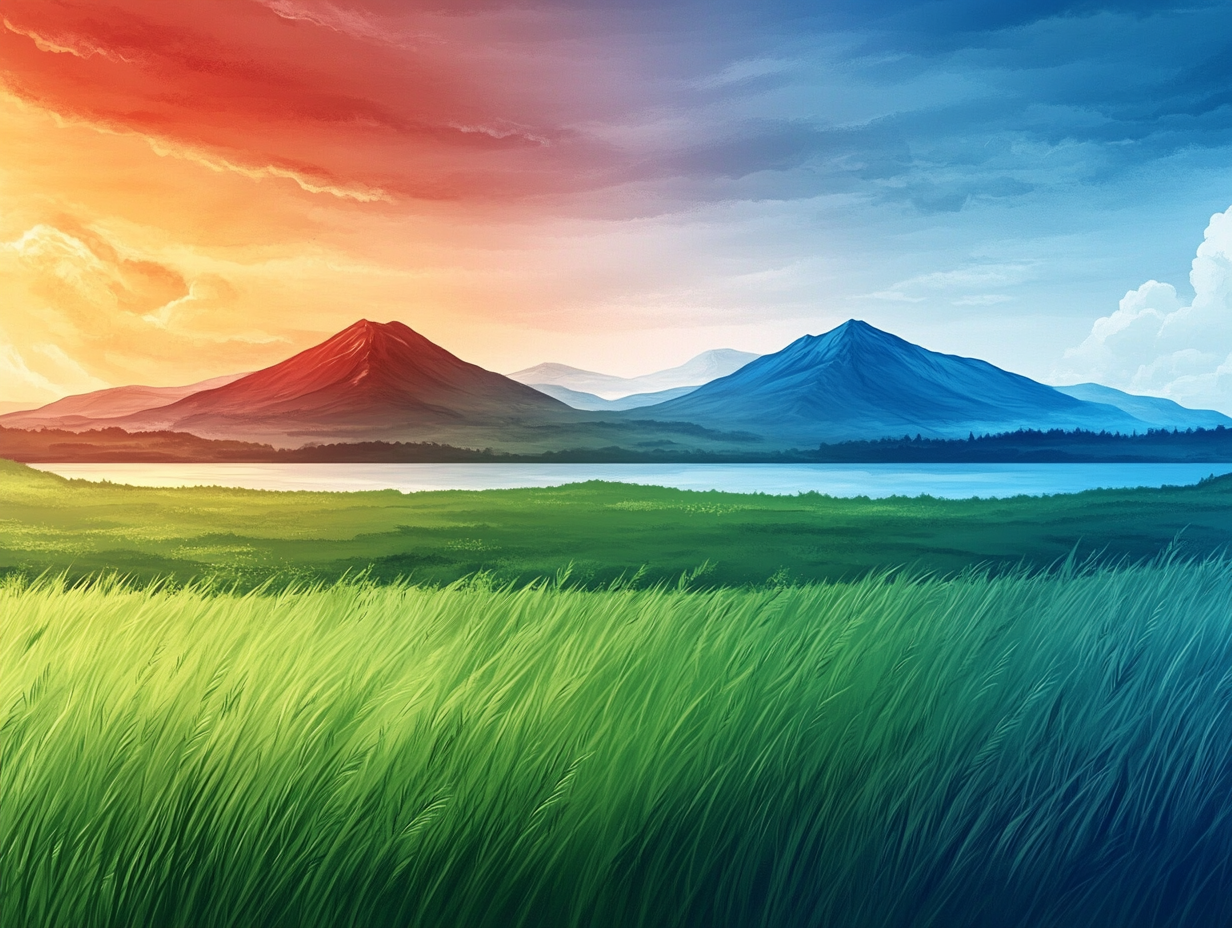 Manga style landscape with grassland, lake, volcano