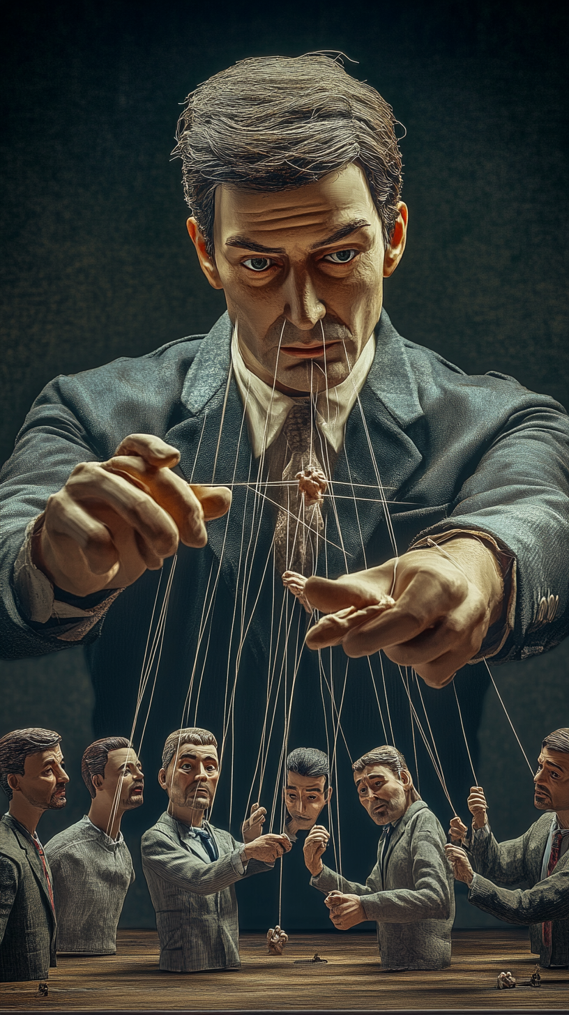 Manipulative person controls others with puppet strings, dramatic setting.