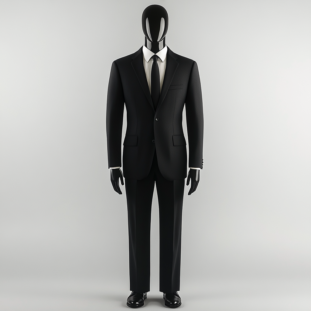 Mannequin in classic black suit with white background.