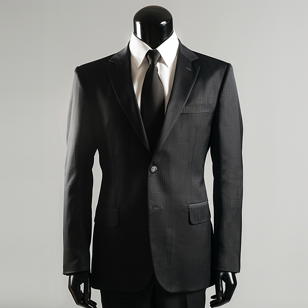 Mannequin in studio setting wears classic black suit clothes