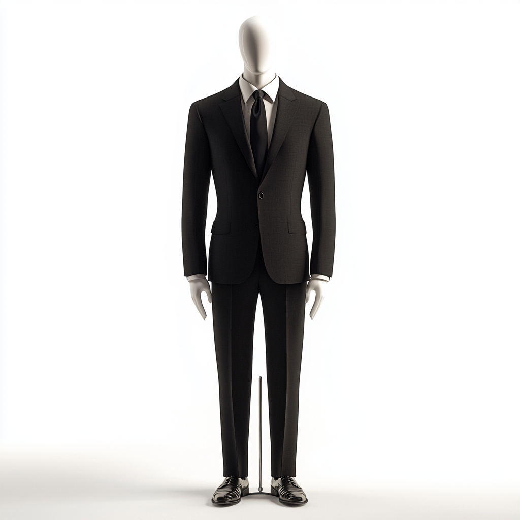 Mannequin in studio wearing tailored black suit, white background.