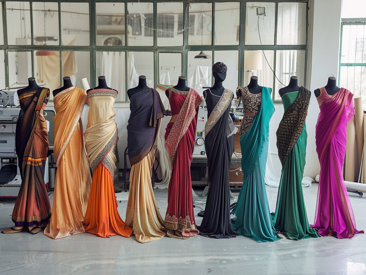 Mannequins in studio wearing sarees tailored for shapes.