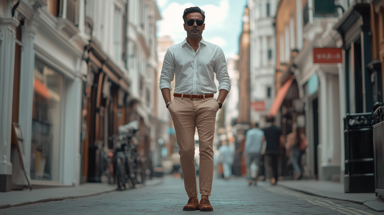 Manoj Bajpayee in London wearing white shirt and brown shoes.