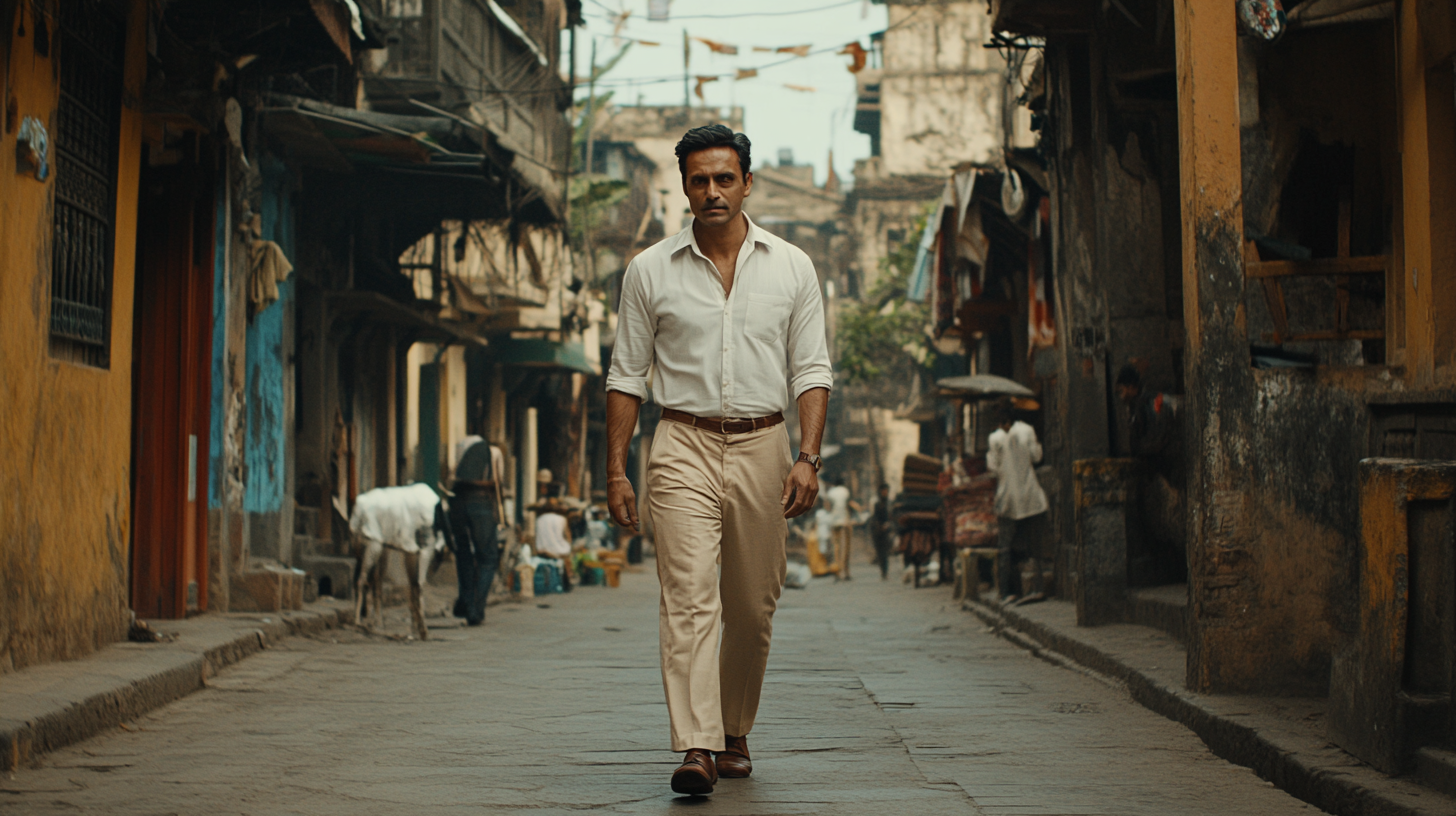 Manoj Bajpayee in fitted white shirt, Khakhee pants.