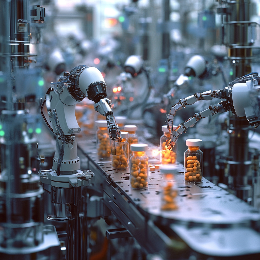 Many robots assembling medicine bottles with pills on line.