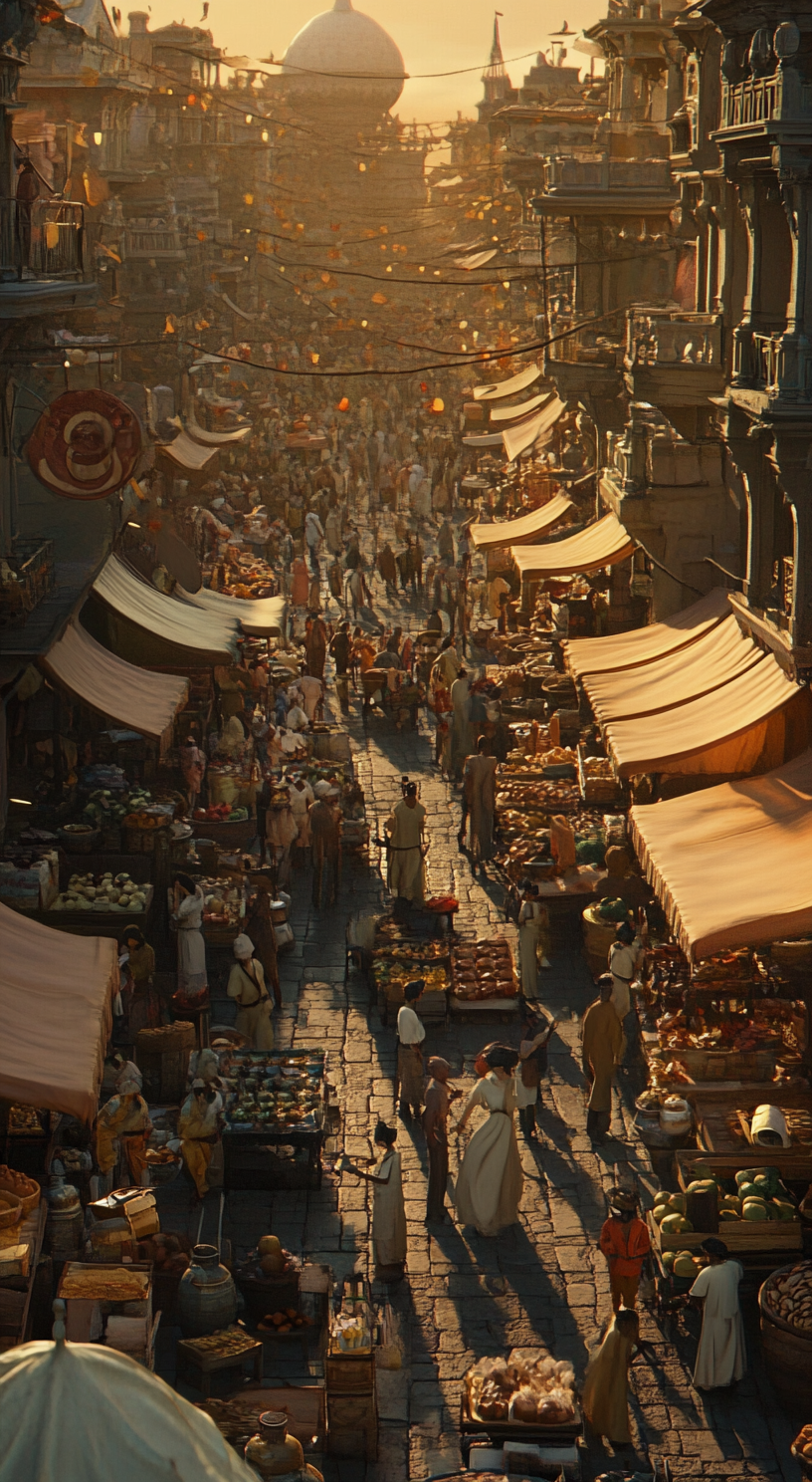 Many vendors in market, detailed, realistic Disney animation scene.