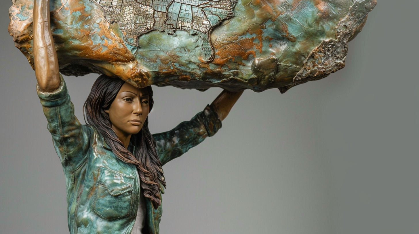 Map-bearing bronze statue embodying resilience, leadership, contemporary strength.