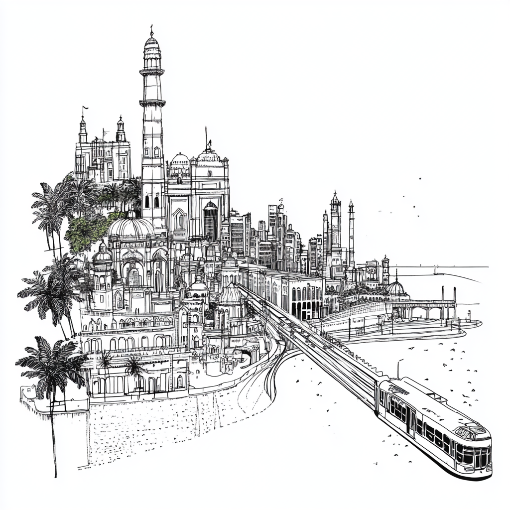 Map of Mumbai with famous landmarks in line art.