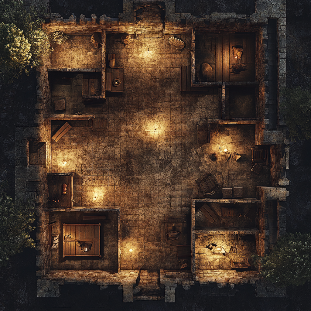 Map of fort's ground floor, dilapidated furnishings, at night.