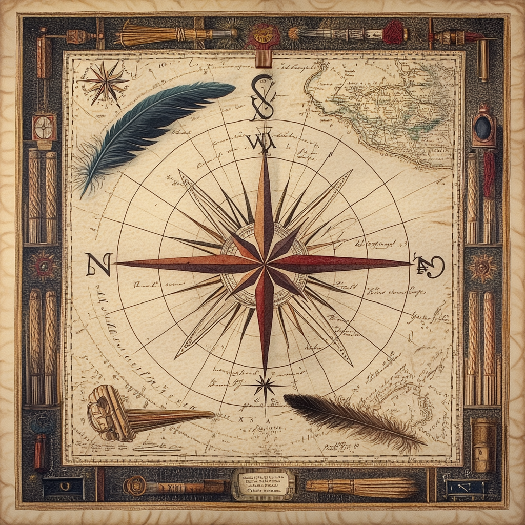 Map with compass rose surrounded by objects