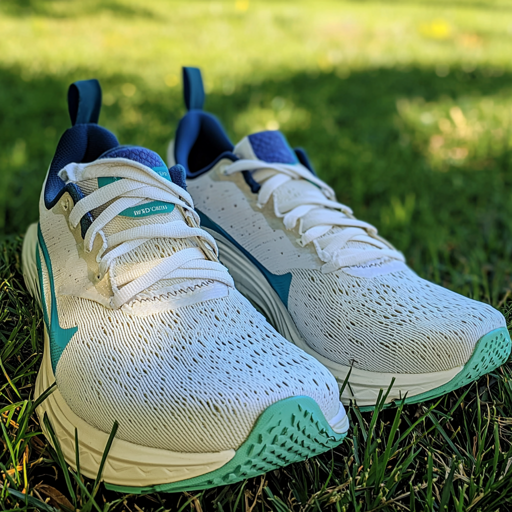 Marathon runner's shoes in soft, cool tones on grass