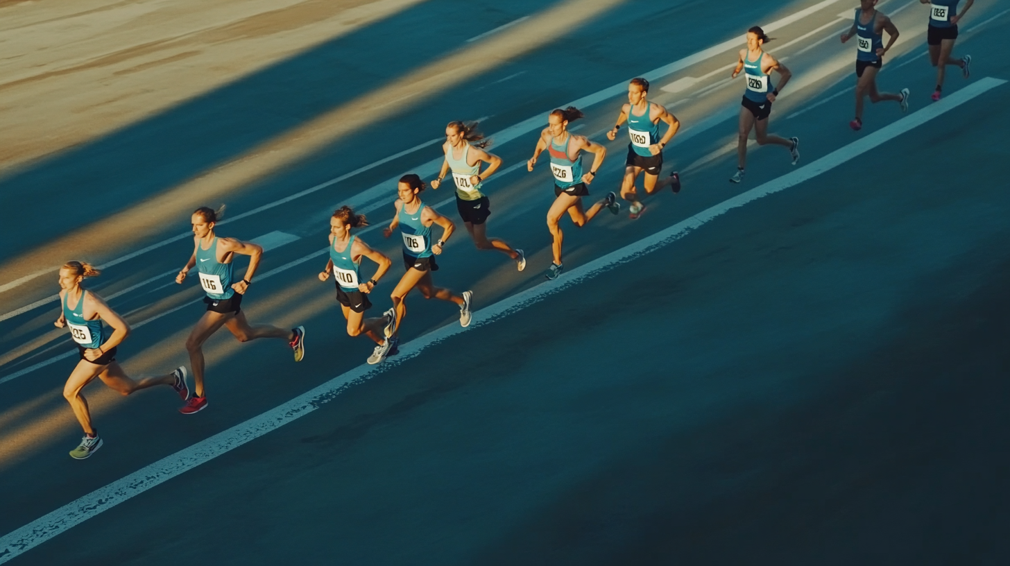 Marathon runners with blue uniforms and white numbers