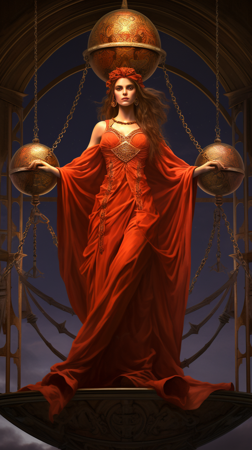 Marble Pillars setting, red priestess balances moon crescent.