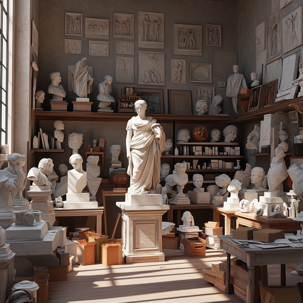 Marble statue workshop featuring classical sculptures.