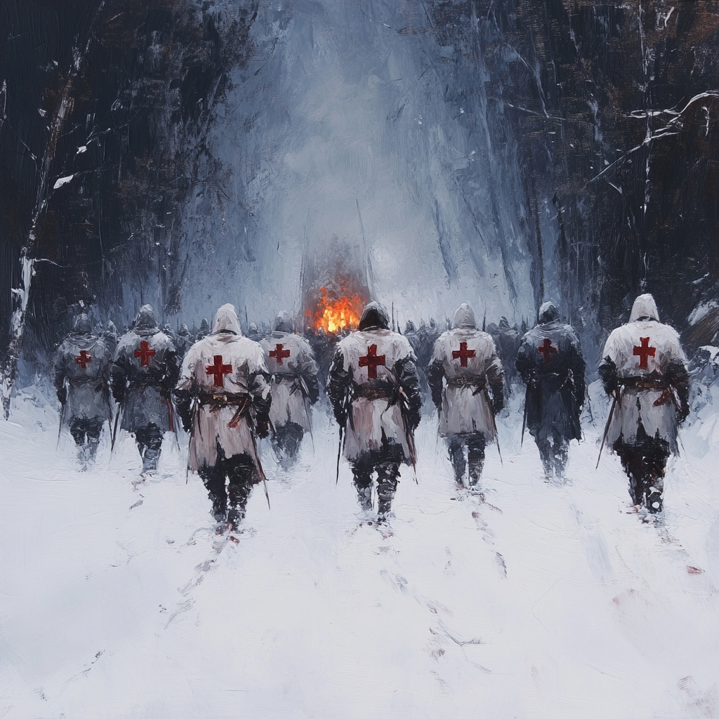 March of Templar Knights in Snowstorm