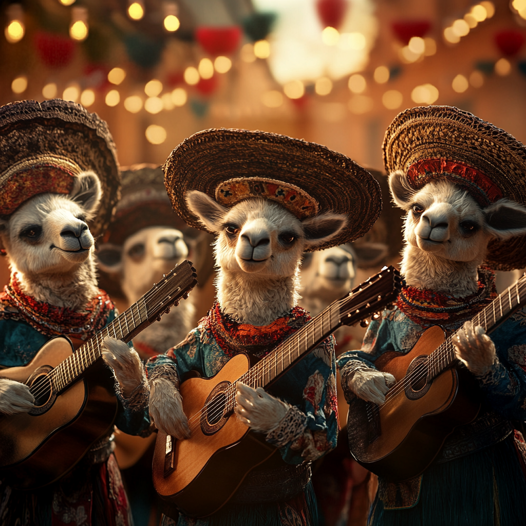 Mariachi alpaca group playing guitars with sobrero hat.