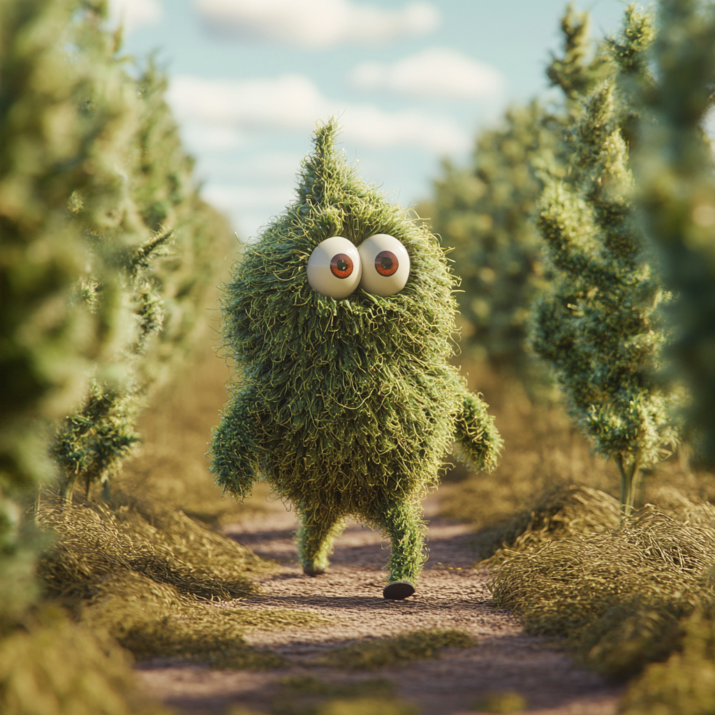 Marijuana nug character navigating minefield, Pixar-style, detailed cannabis love.