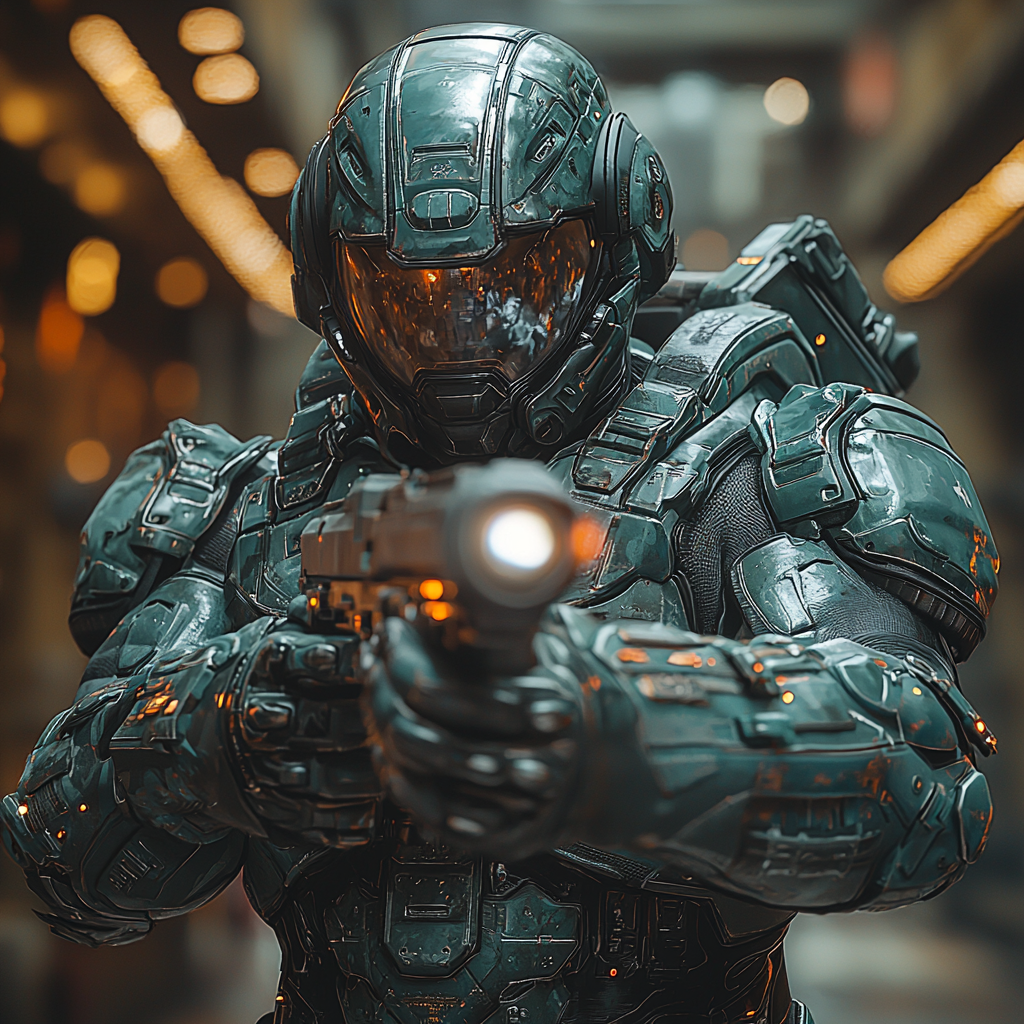 Marine in futuristic armor fights aliens in building.