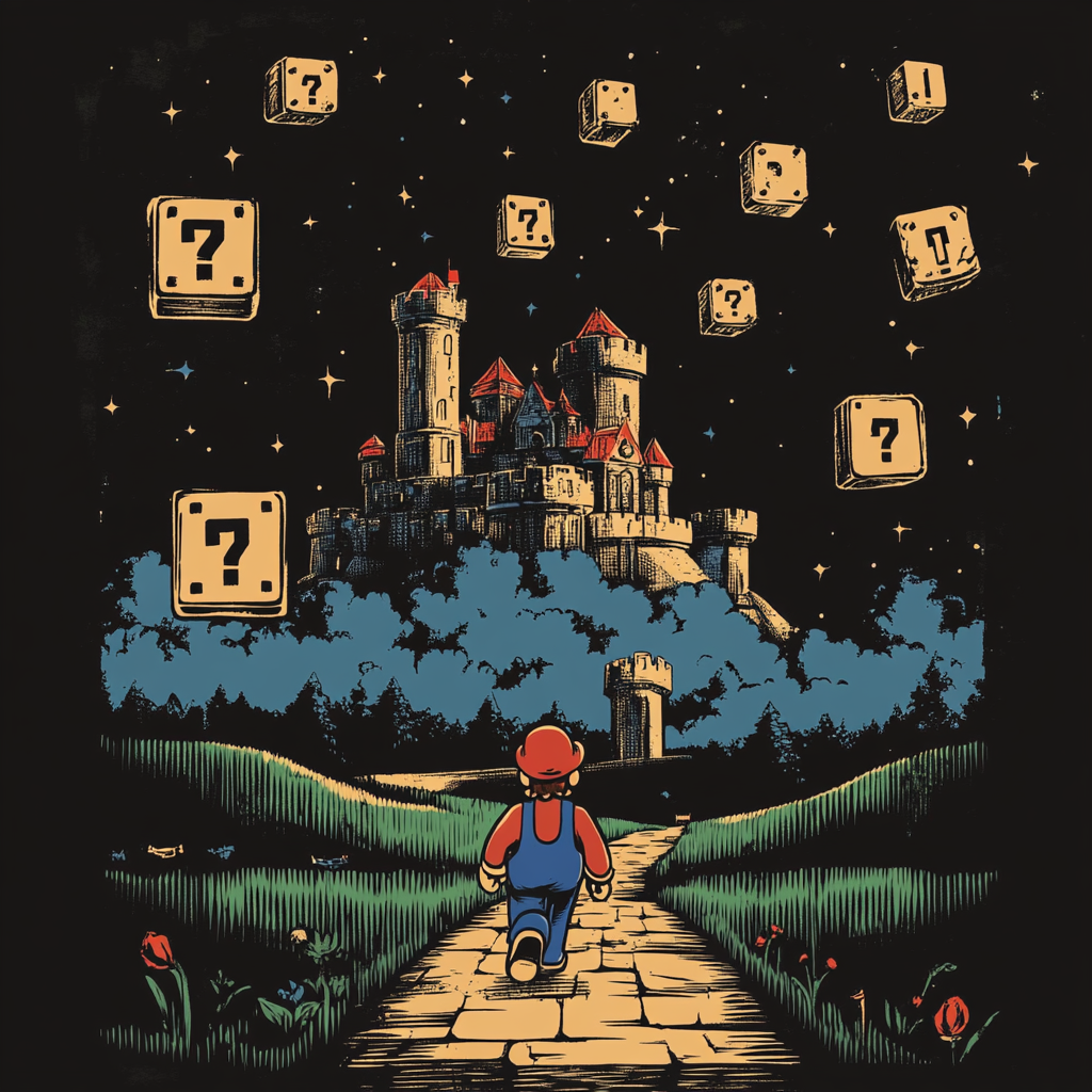 Mario walking towards Bowser's castle in fantasy graphic.